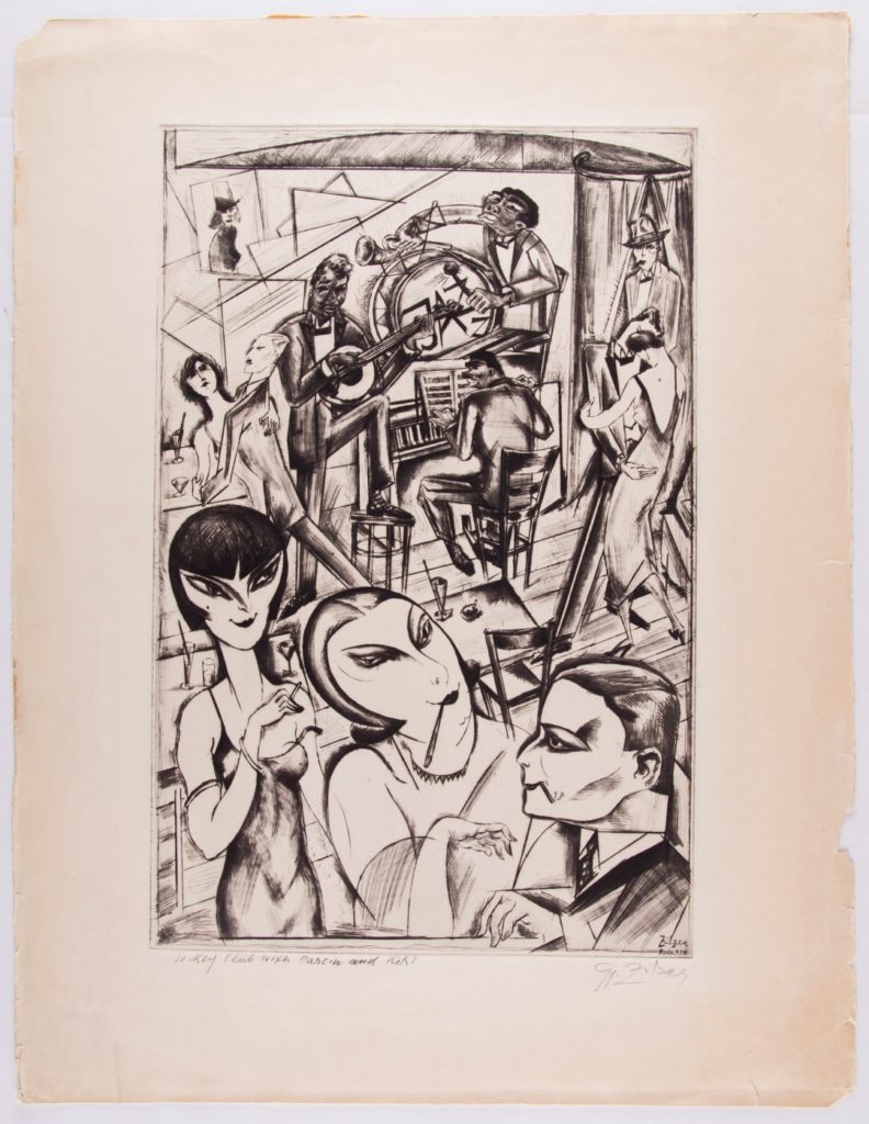  Гюла Зильзер | м.р. Будапешт, Венгрия, 1899-1969 | «В Жокейском клубе с Паскин и Кики», 1927 | Гравюра | Из коллекции музея искусств в Хайфе