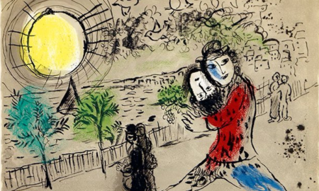 Марк Шагал. Желтое солнце. Авторская литография. 1968 год (50 Х 61 см)