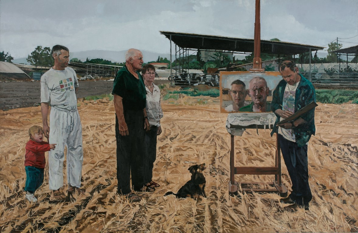 אלי שמיר דיוקן עצמי מצייר שלושה דורות, 2006 שמן על בד, 70x100 ס"מ אוסף קובי רוגובין (צילום: אברהם חי) Elie Shamir Self-Portrait Painting Three Generations, 2006 Oil on canvas, 70x100 cm Koby Rogovin Collection (photo: Avraham Hay)