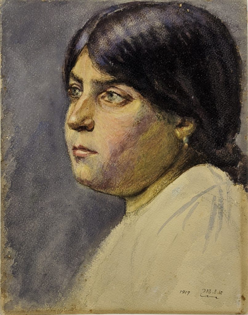 אהרֹן שאול שוּר, דיוקן אישה, 1916. Aharon Shaul Schur Portrait of a Woman, 1916 Tempera on paper, 29.5x22.5 cm Collection of the Schur family, Herzliya