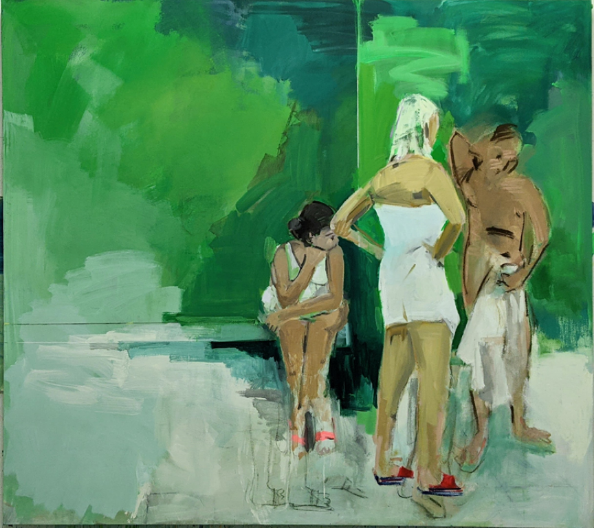 יוני גולד, ללא כותרת, (שתי בנות וגבר), טכניקה מעורבת על בד, 19070, 2021