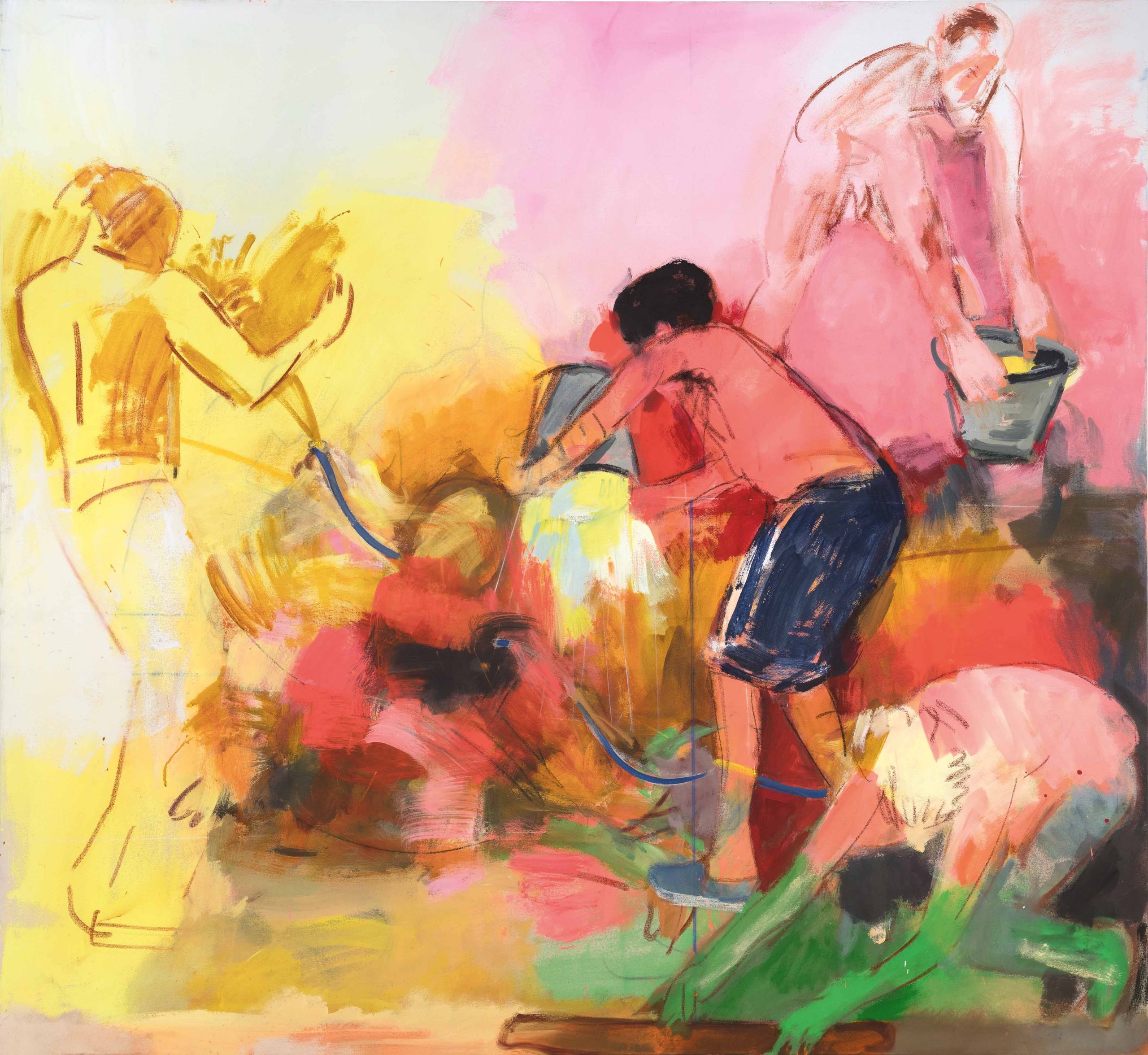 ציור אדום – ארבעה גברים ודליים, טכניקה מעורבת על בד, 2021