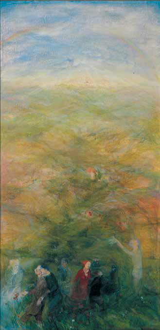 בתיה אפולו, ביאת המשיח, 1993, אנקאוסטיקה על לוח עץ, 92x52 ס"מ, אוסף גבי ועמי בראון (צילום: חוליו גרינבלט) Batia Apollo, The Coming of the Messiah, 1993, encaustic on panel, 92x52 cm, Gaby and Ami Brown Collection (photo: Julio Grinblatt)