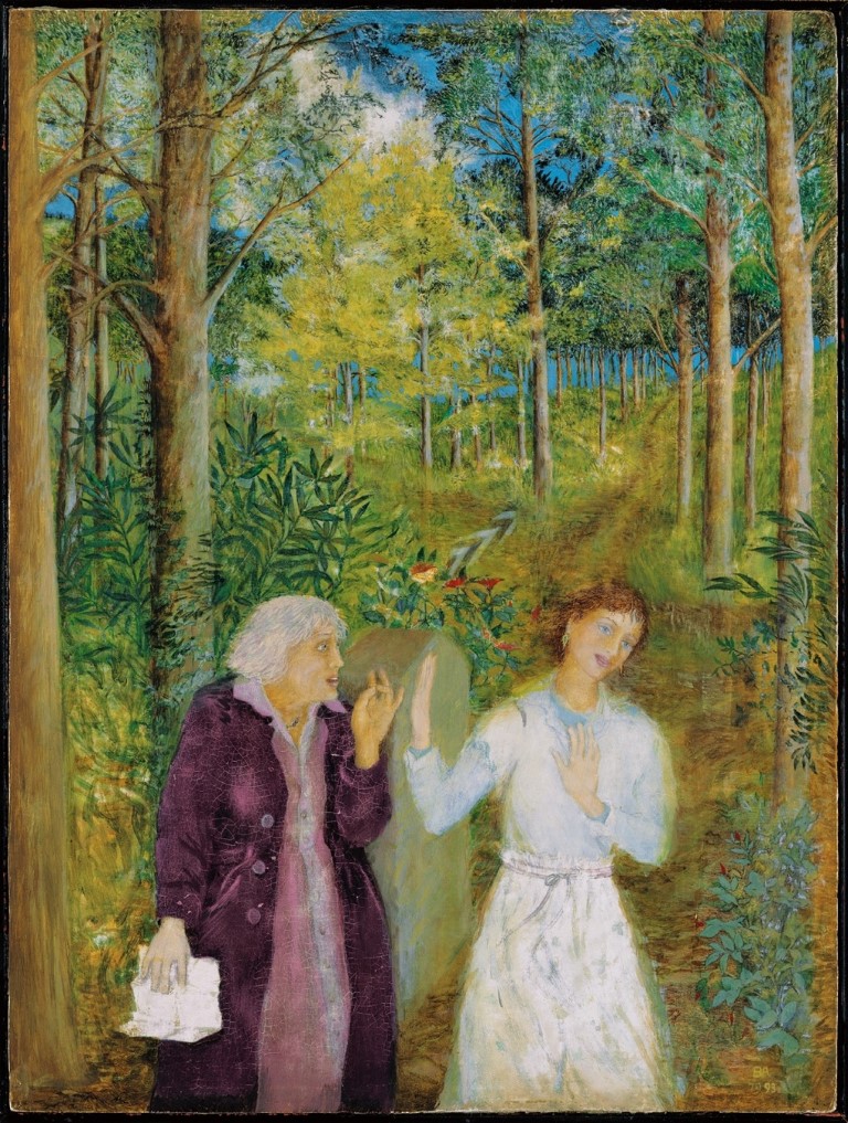 בתיה אפולו, אם ובת, שיחה ביער, 1979, 1993, שמן על קרטון, 21.5x16.5 ס"מ, אוסף גבי ועמי בראון (צילום: סיגל קולטון) Batia Apollo, Mother and Daughter, Conversation in the Forest, 1979, 1993, oil on cardboard, 21.5x16.5 cm, Gaby and Ami Brown Collection (photo: Sigal Kolton)