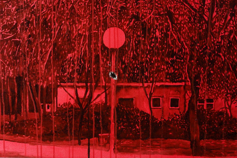 פנורמה המדרכה שמאחורי המזכירות (פרט), 2018, מתוך סדרת הפנורמות, סופרקריל וזפת על בדקרדיט צילום: טל בדרק