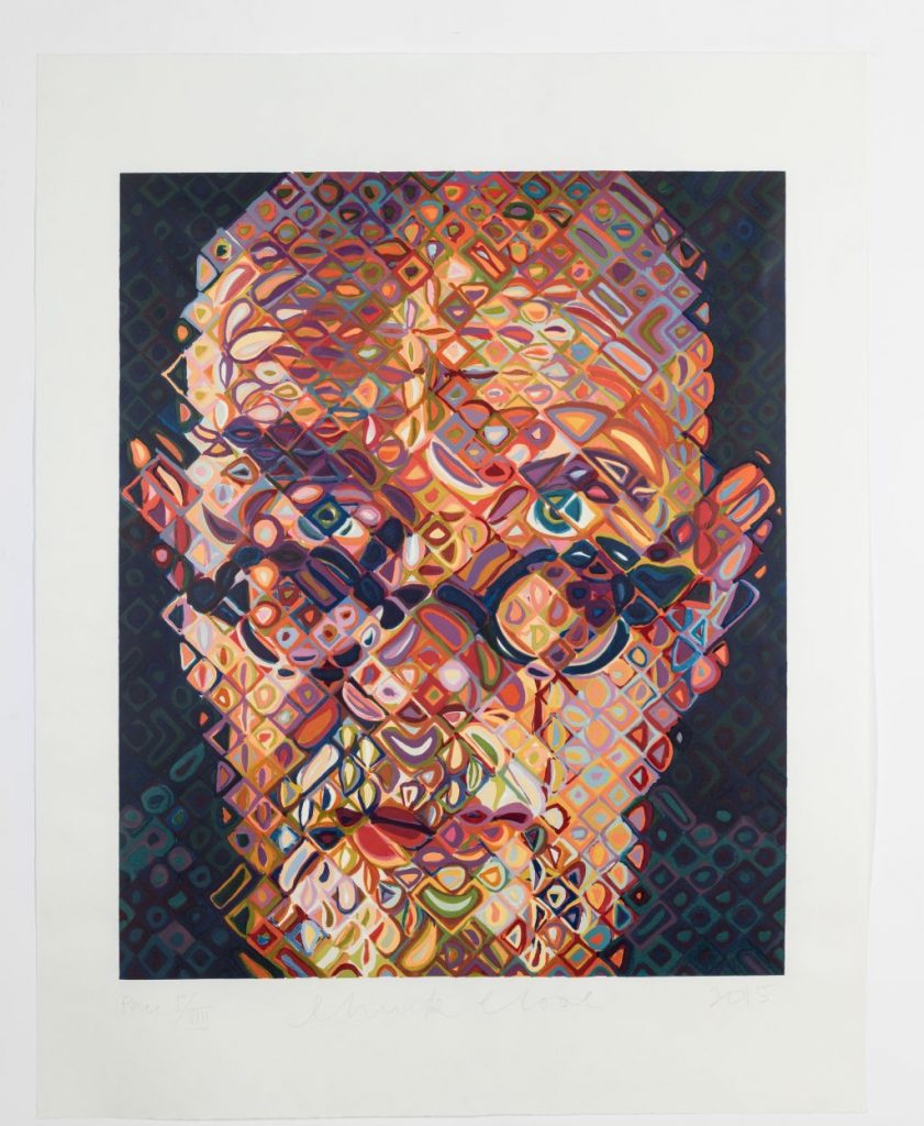 Chuck Close, Self-Portrait. Colored woodcut, 2015, 910 x 752 mm. Gift of Pace Prints, New York, to American Friends of the Israel Museum, in honor of the Museum’s 60th anniversary. B24.0670. © 2025 Estate of Chuck Close. Photo © The Israel Museum, Jerusalem, by Zohar Shemesh