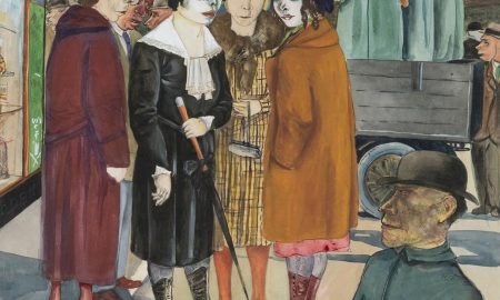 רודולף שליכטר, עוברי־אורח וחיילים, 1925-26 צבע מים על נייר מוצמד לקרטון, 55.5×46.5 אוסף פרטי צילום: Studio Arnt Haug Rudolf Schlichter, Passers-by and Soldiers (Passanten und Reichswehr), 1925-26 Watercolor on paper mounted on cardboard, 55.5×46.5 Private Collection Photo: Studio Arnt Haug