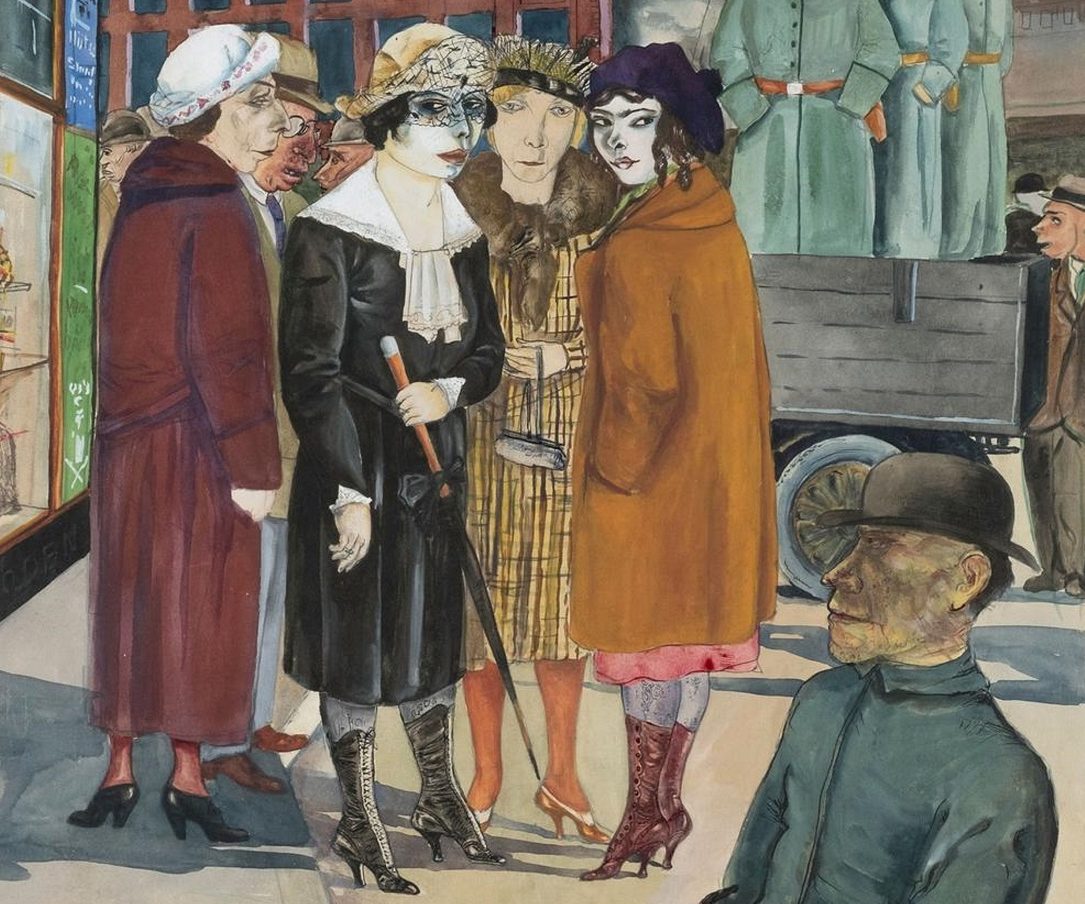 רודולף שליכטר, עוברי־אורח וחיילים, 1925-26 צבע מים על נייר מוצמד לקרטון, 55.5×46.5 אוסף פרטי צילום: Studio Arnt Haug Rudolf Schlichter, Passers-by and Soldiers (Passanten und Reichswehr), 1925-26 Watercolor on paper mounted on cardboard, 55.5×46.5 Private Collection Photo: Studio Arnt Haug