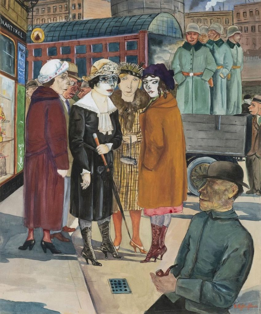 רודולף שליכטר, עוברי־אורח וחיילים, 1925-26צבע מים על נייר מוצמד לקרטון, 55.5×46.5 אוסף פרטי צילום: Studio Arnt Haug Rudolf Schlichter, Passers-by and Soldiers (Passanten und Reichswehr), 1925-26 Watercolor on paper mounted on cardboard, 55.5×46.5 Private Collection Photo: Studio Arnt Haug