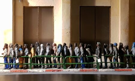 Ranei Mazor, The Line to Nowhere, 2019, cardboard, plastic figures and parts, acrylic, 90x50 x40 cm., collection of the artist (photo: Ranei Mazor)