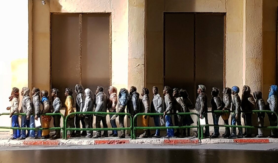 Ranei Mazor, The Line to Nowhere, 2019, cardboard, plastic figures and parts, acrylic, 90x50 x40 cm., collection of the artist (photo: Ranei Mazor)